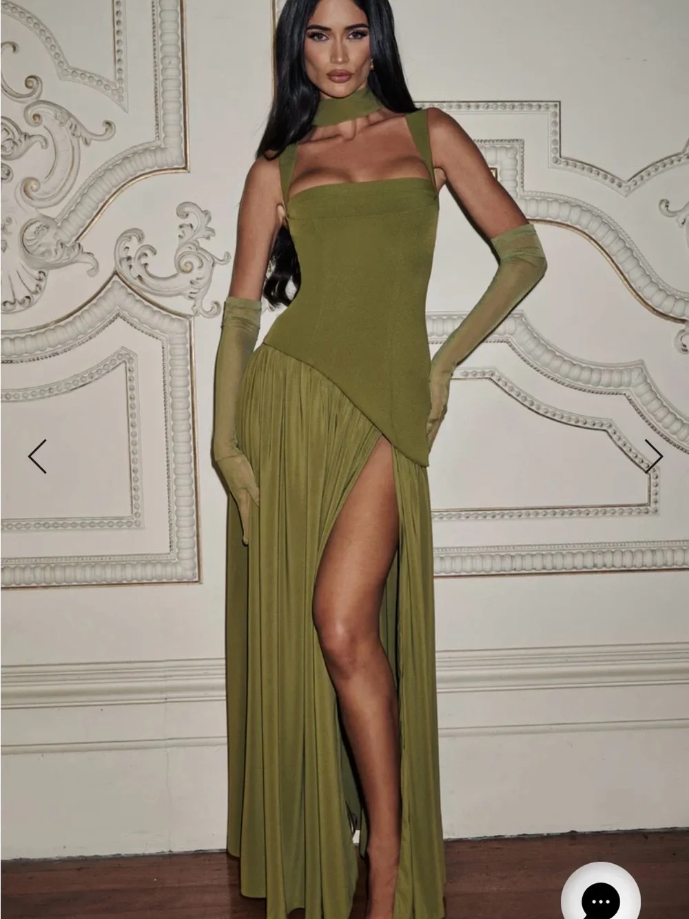 Olive Maxi Dress with High Slit and Neck Detail -Tallulah - Picture 1 of 2